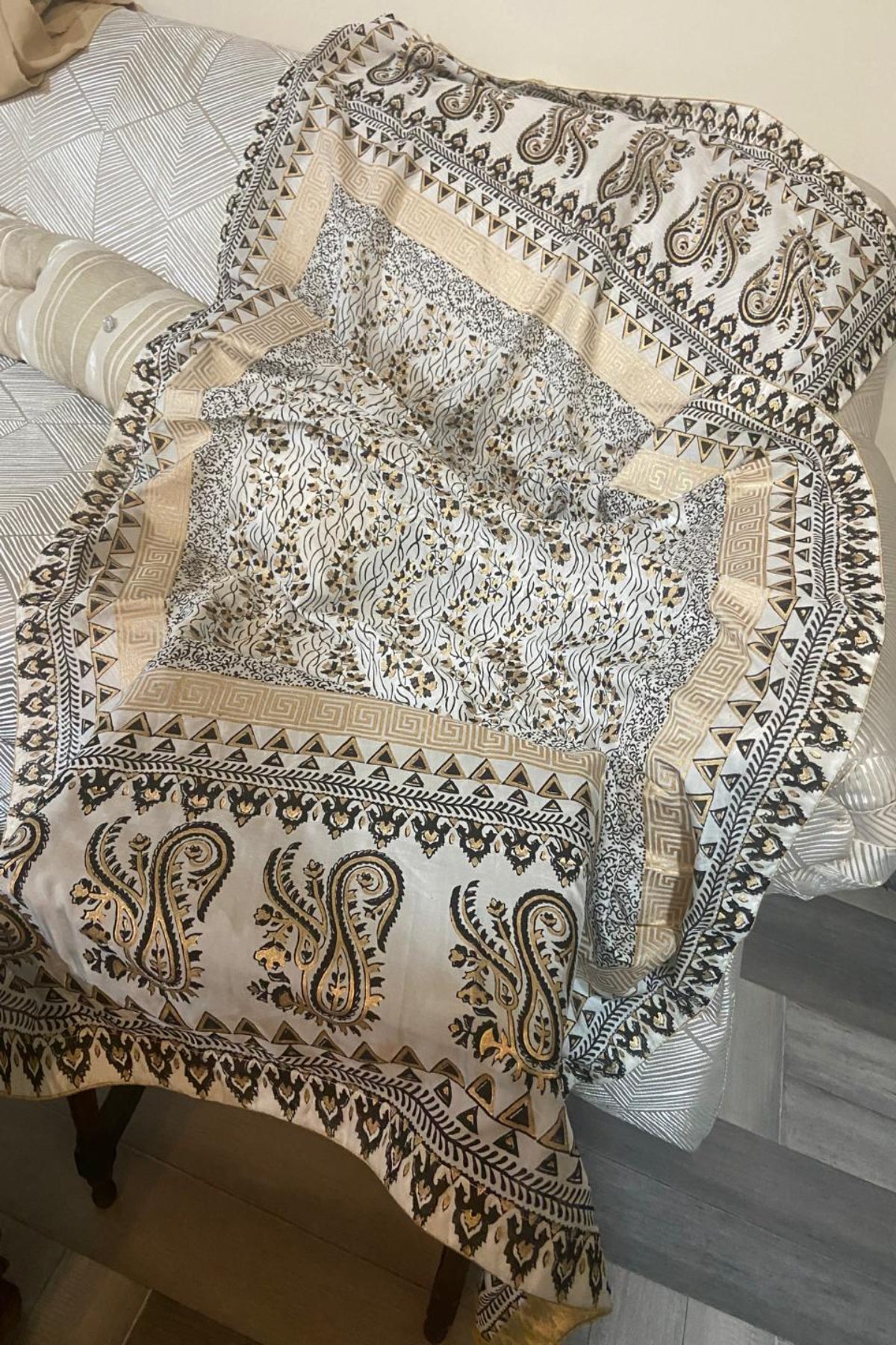 Hand block print Dooria lawn dupatta featuring elegant beige and black paisley and floral patterns with traditional borders, lightweight and perfect for summer, festive, and ethnic wear.