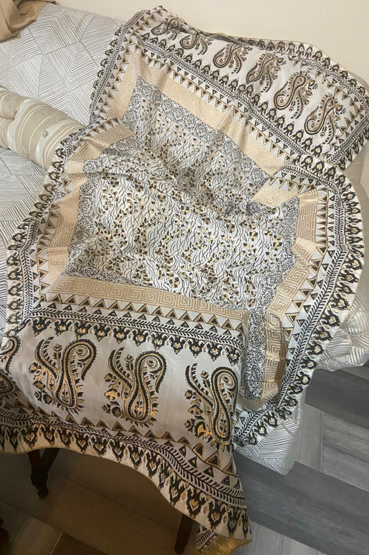 Hand block print Dooria lawn dupatta featuring elegant beige and black paisley and floral patterns with traditional borders, lightweight and perfect for summer, festive, and ethnic wear.