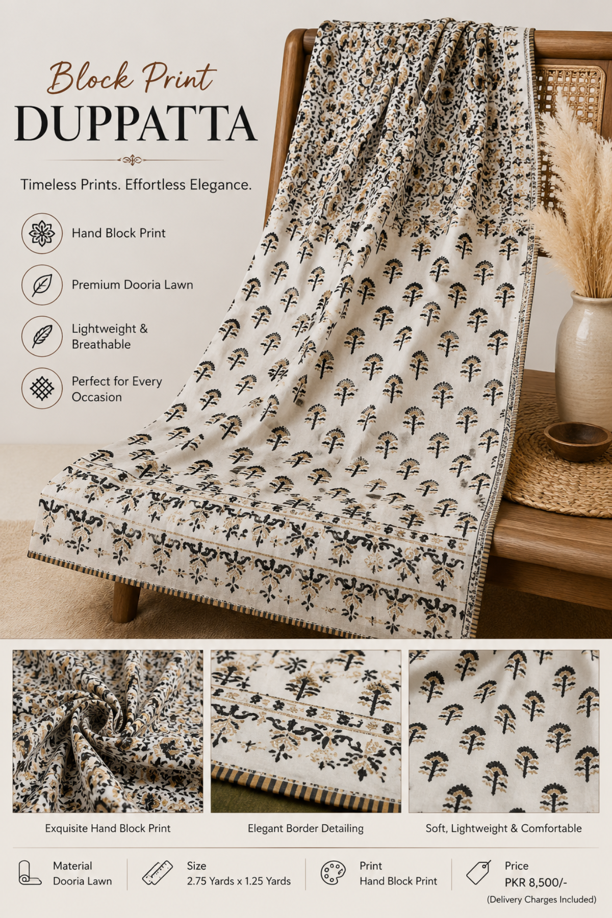 Hand block print Dooria lawn dupatta featuring elegant black and white floral motifs with traditional borders, lightweight and perfect for summer, casual, festive, and ethnic wear.