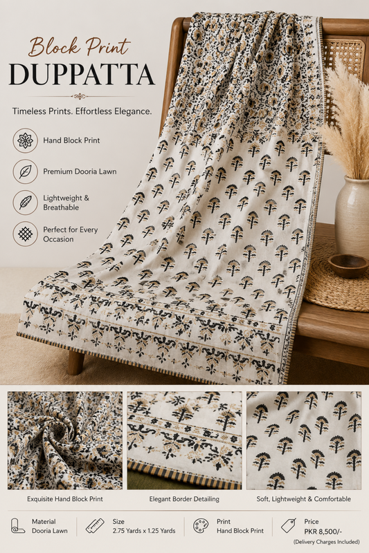 Hand block print Dooria lawn dupatta featuring elegant black and white floral motifs with traditional borders, lightweight and perfect for summer, casual, festive, and ethnic wear.