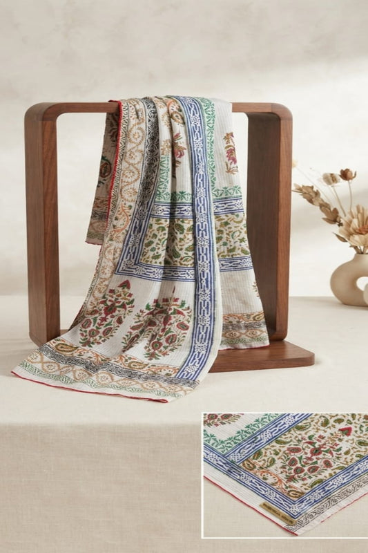 Hand block print Dooria lawn dupatta with multicolor floral and traditional border design, lightweight and perfect for summer, casual, festive, and ethnic wear