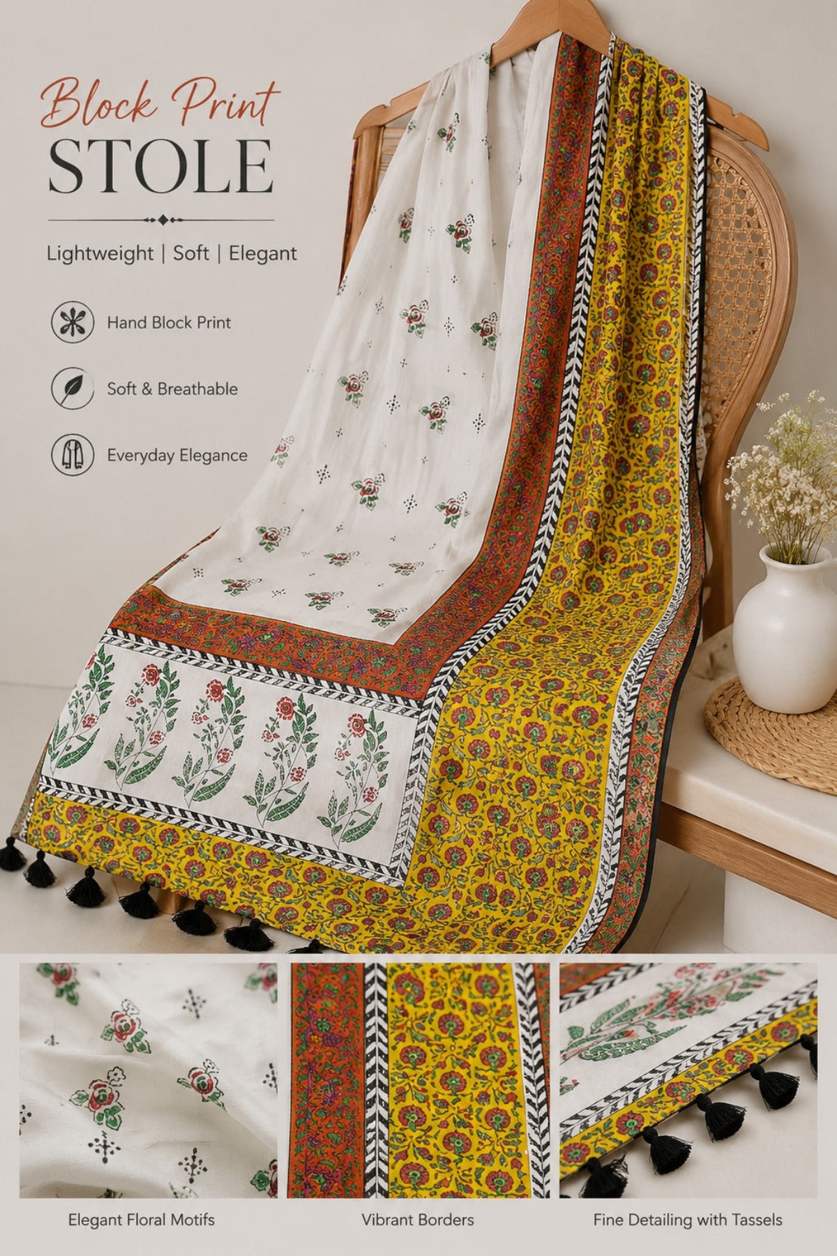 Hand block print Dooria lawn dupatta featuring elegant floral motifs and traditional borders, crafted from lightweight fabric for summer, festive, and casual wear.