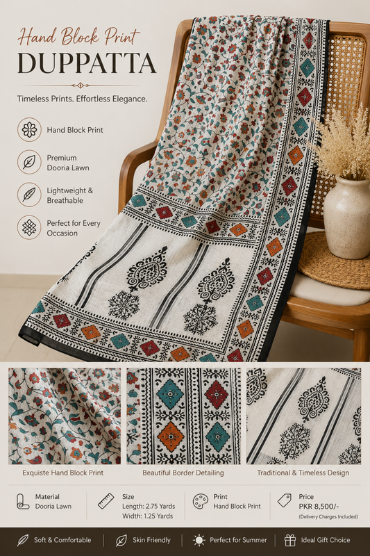Hand block print Dooria lawn dupatta featuring multicolor floral patterns with traditional geometric borders, lightweight and ideal for summer, festive, casual, and ethnic wear.