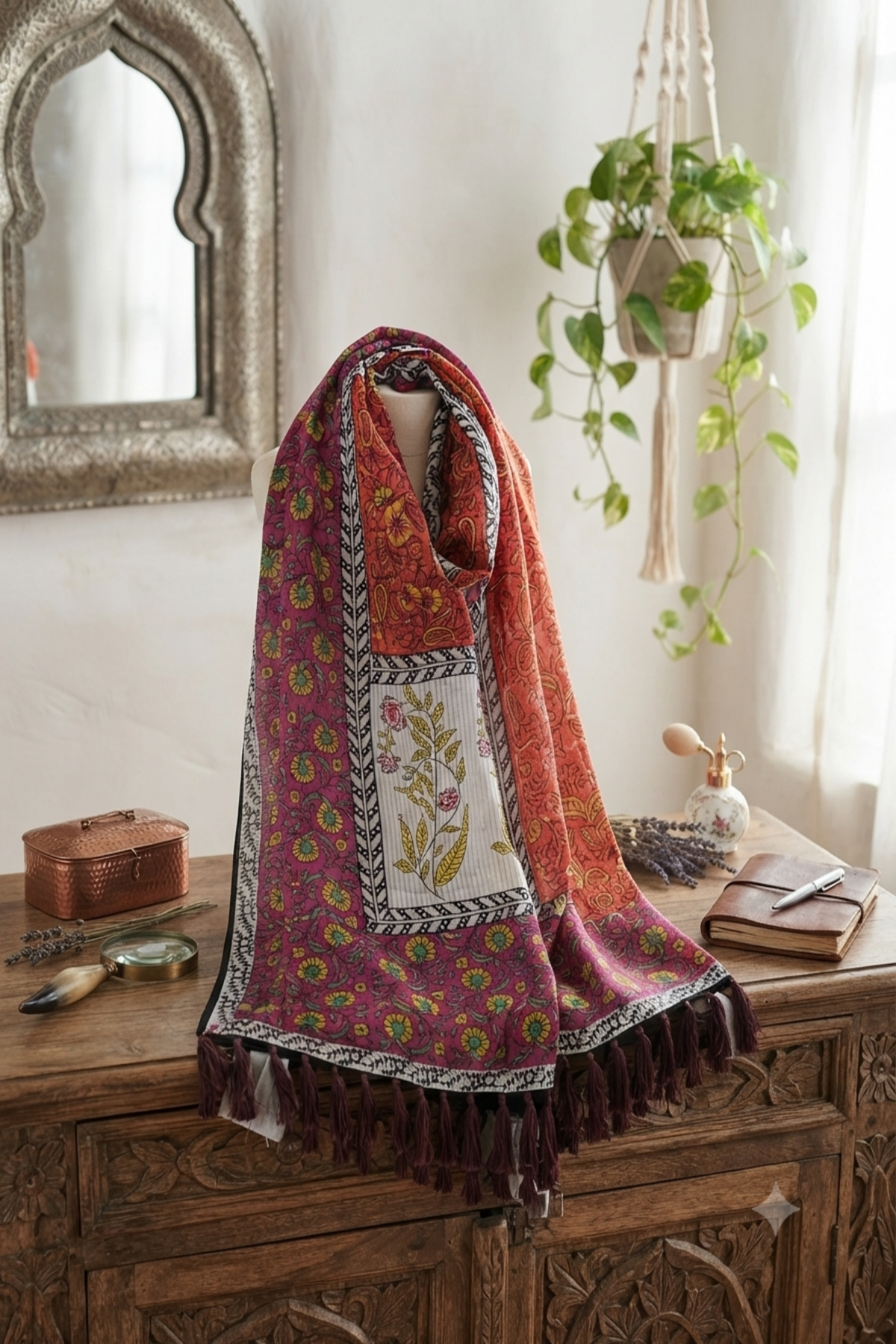 A high-quality image of a vibrant, handcrafted block-print Dooria lawn dupatta featuring floral patterns and decorative tassels, draped over a rustic wooden dresser.