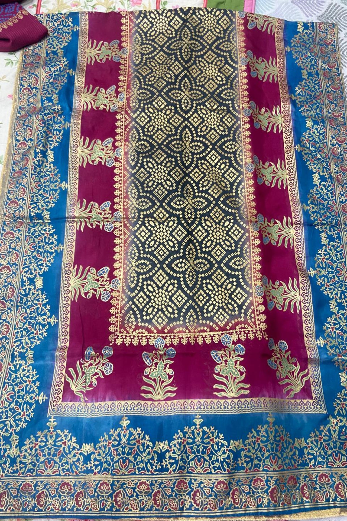 Handmade Block Print Dupatta in Maroon and Royal Blue with Traditional Floral Borders and Intricate Ethnic Pattern – Premium Women's Dupatta by Zariyat by Sumera