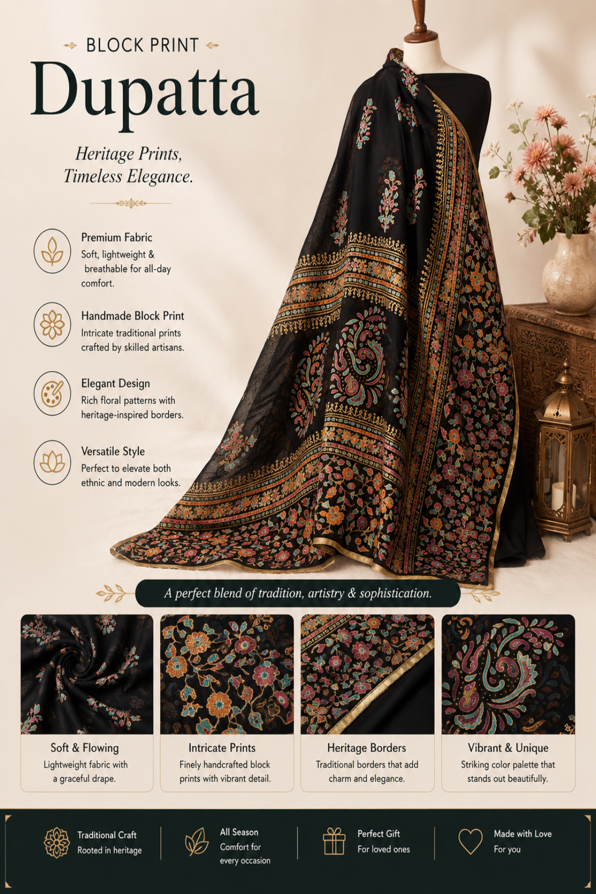 Luxury Handmade Black Block Print Dupatta featuring Multicolor Floral Motifs, Paisley Design, Intricate Traditional Borders, and Elegant Ethnic Craftsmanship – Premium Designer Dupatta by Zariyat by Sumera