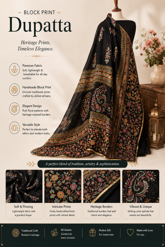 Luxury Handmade Black Block Print Dupatta featuring Multicolor Floral Motifs, Paisley Design, Intricate Traditional Borders, and Elegant Ethnic Craftsmanship – Premium Designer Dupatta by Zariyat by Sumera