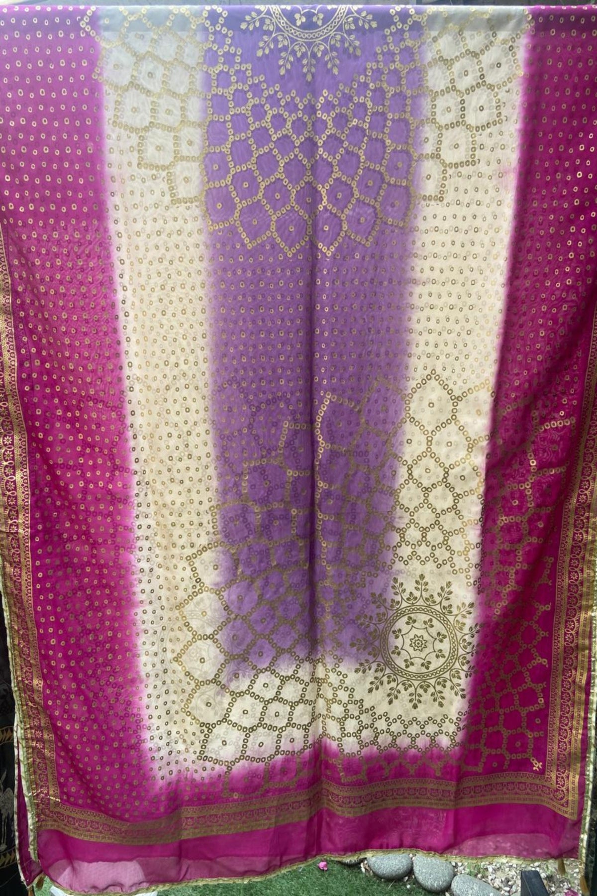 Magenta, purple, and white shaded fine medium silk block print dupatta featuring traditional dot patterns and massuri border.