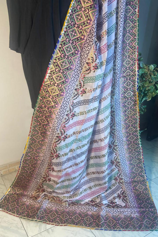 Vibrant multi-color fine medium silk block print dupatta featuring a decorative geometric border