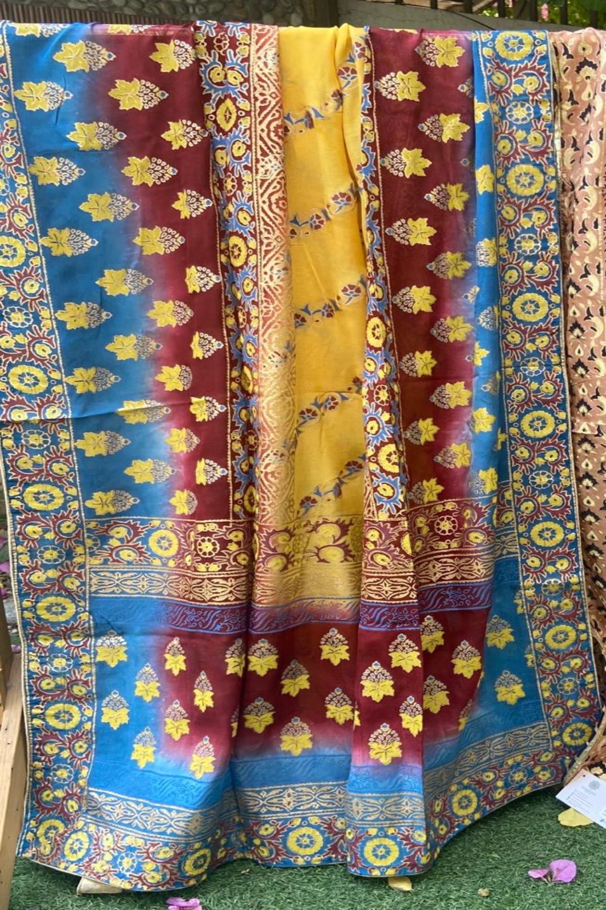 Multi-color shaded and yellow fine medium silk block print dupatta featuring intricate traditional patterns and massuri border.