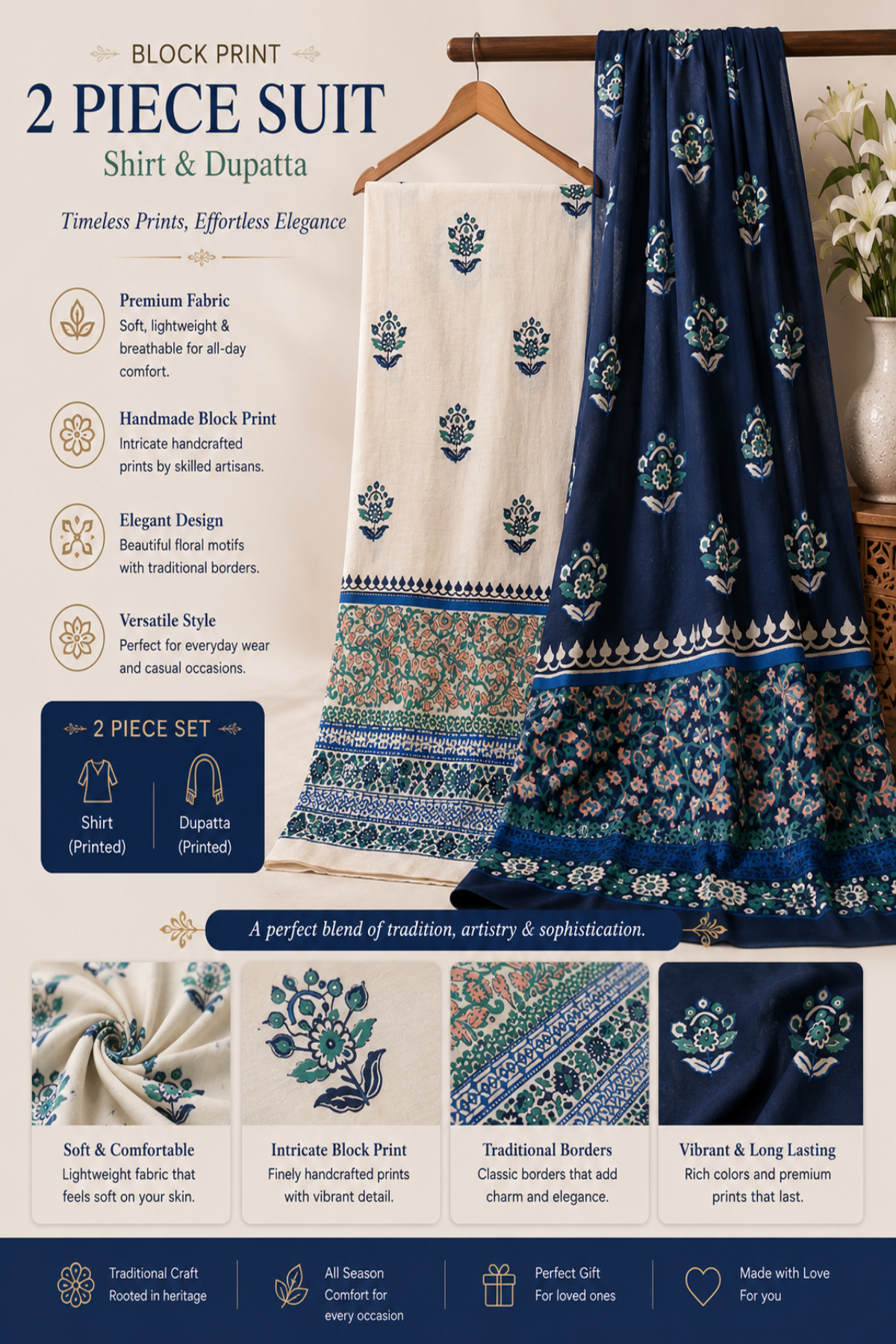 Premium 2 Piece Block Print Suit featuring a Navy Blue Printed Shirt and Cream Block Print Dupatta with Traditional Floral Motifs and Elegant Ethnic Borders – Handmade Women's Suit by Zariyat by Sumera
