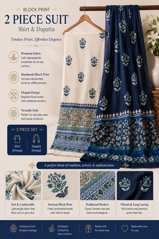 Premium 2 Piece Block Print Suit featuring a Navy Blue Printed Shirt and Cream Block Print Dupatta with Traditional Floral Motifs and Elegant Ethnic Borders – Handmade Women's Suit by Zariyat by Sumera