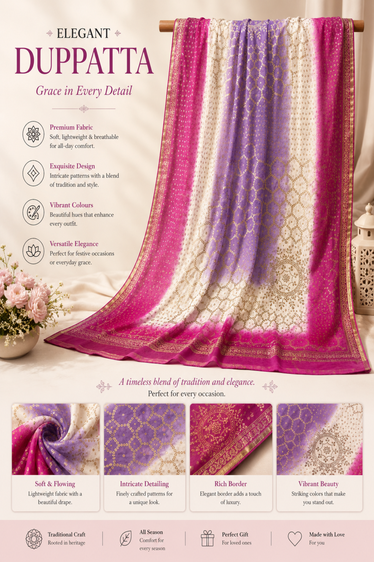 Premium Handmade Bandhani Block Print Dupatta in Pink, Purple, and White with Elegant Golden Motifs and Traditional Border – Designer Women's Ethnic Dupatta by Zariyat by Sumera
