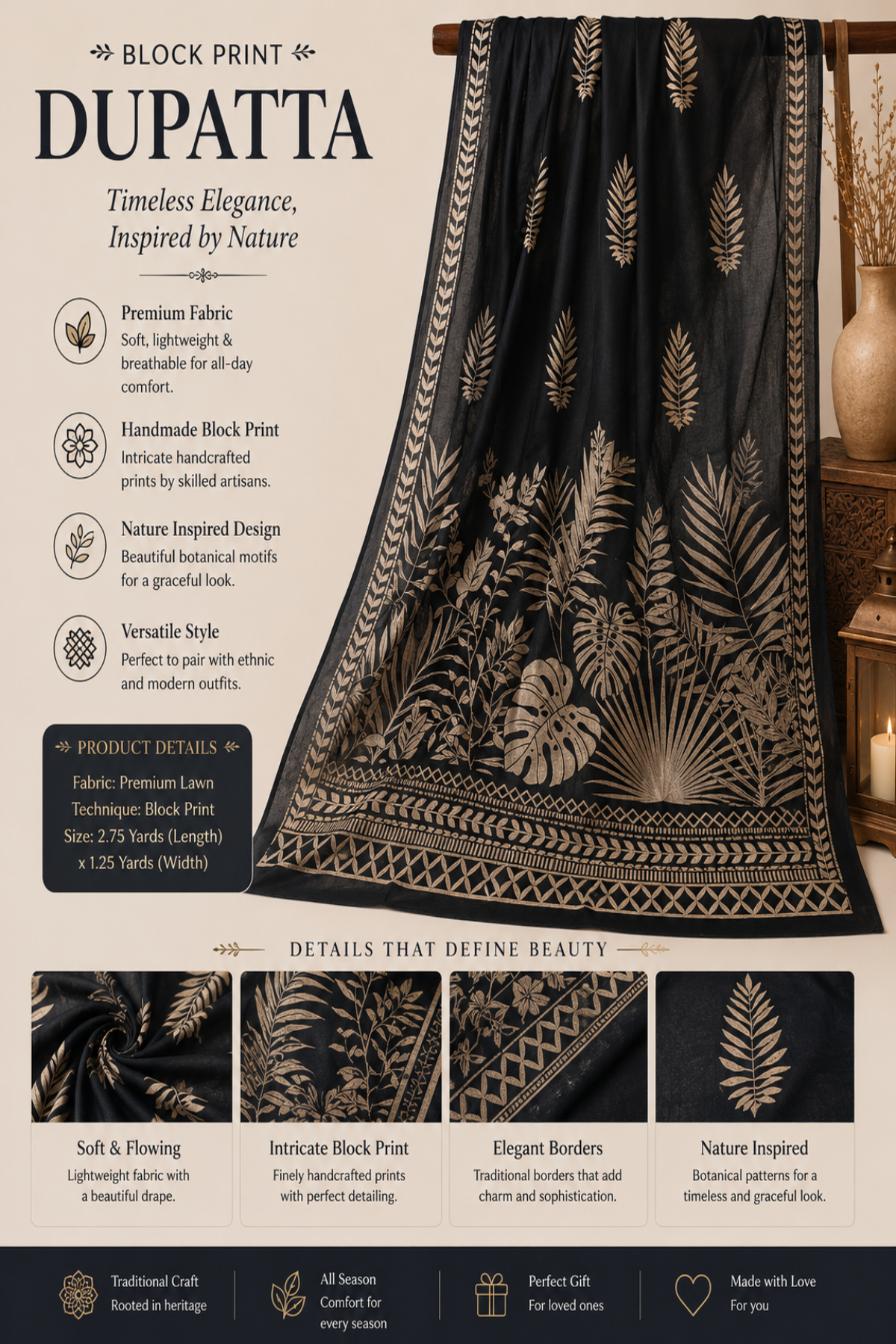 Premium Handmade Black Block Print Dupatta featuring Elegant Silver Botanical Leaf Print, Traditional Handcrafted Borders, and Lightweight Fabric – Designer Women's Ethnic Dupatta by Zariyat by Sumera