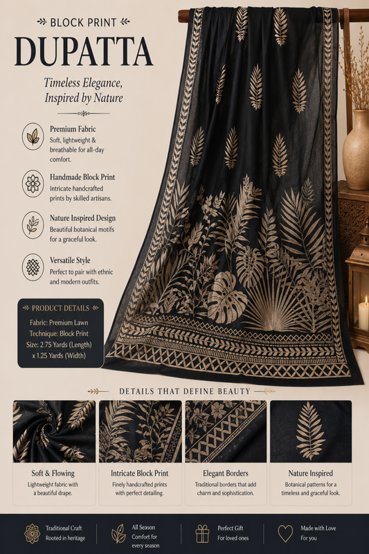 Premium Handmade Black Block Print Dupatta featuring Elegant Silver Botanical Leaf Print, Traditional Handcrafted Borders, and Lightweight Fabric – Designer Women's Ethnic Dupatta by Zariyat by Sumera