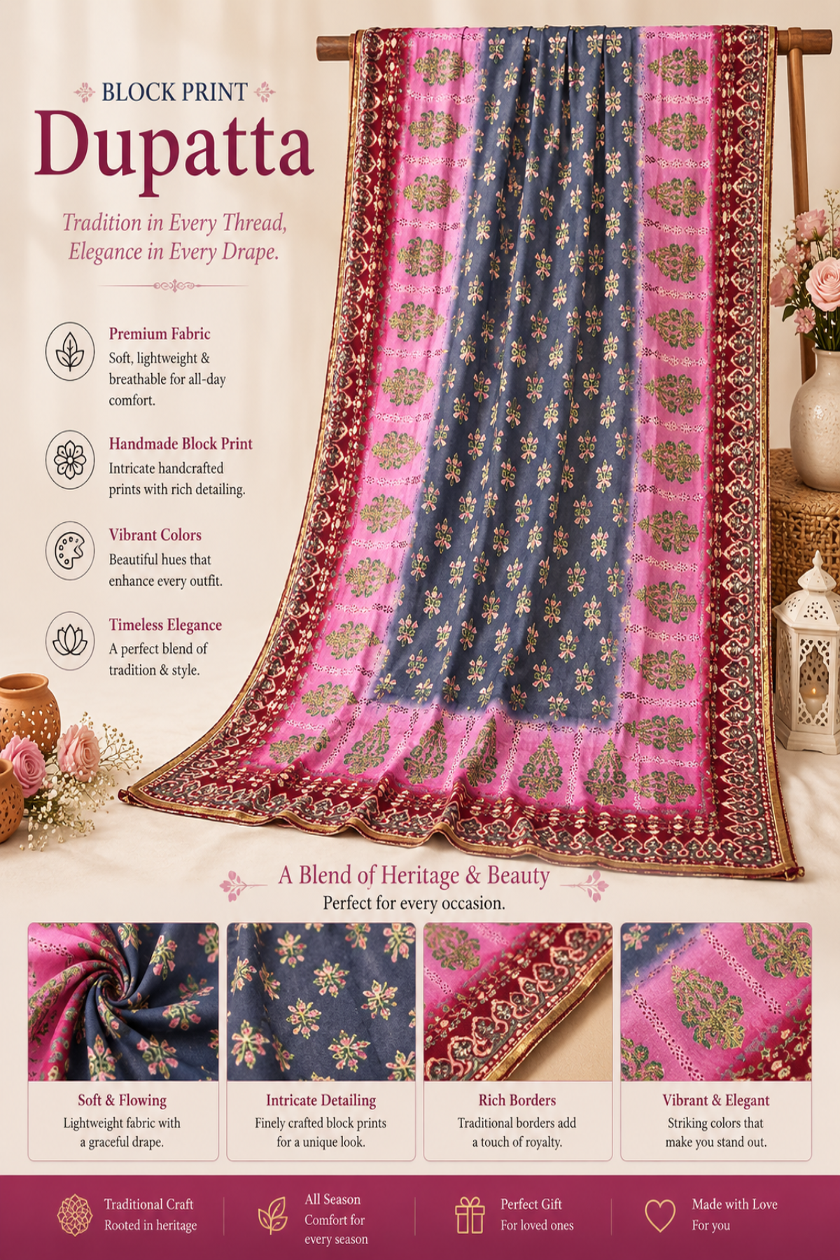 Premium Handmade Block Print Dupatta in Charcoal Grey, Pink, and Maroon featuring Intricate Floral Motifs, Traditional Ethnic Borders, and Elegant Handcrafted Design – Designer Women's Dupatta by Zariyat by Sumera