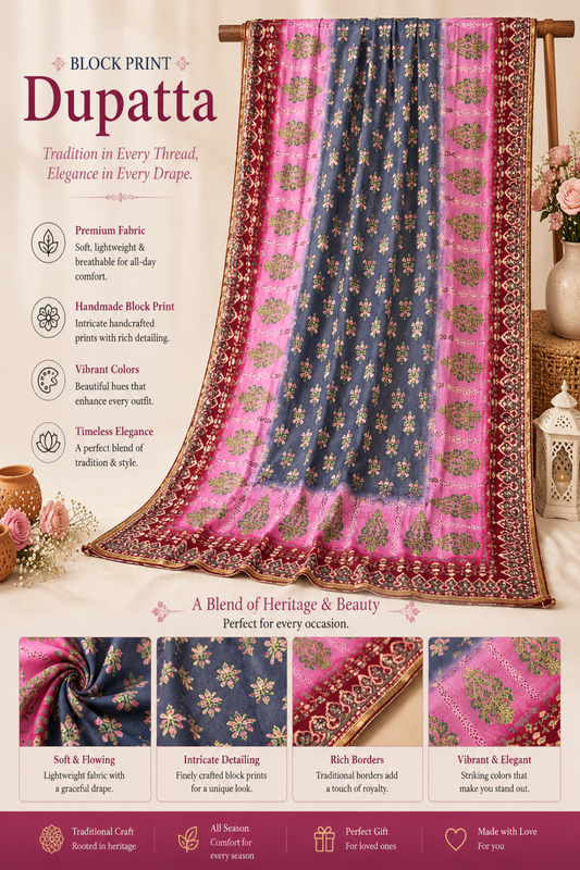 Premium Handmade Block Print Dupatta in Charcoal Grey, Pink, and Maroon featuring Intricate Floral Motifs, Traditional Ethnic Borders, and Elegant Handcrafted Design – Designer Women's Dupatta by Zariyat by Sumera