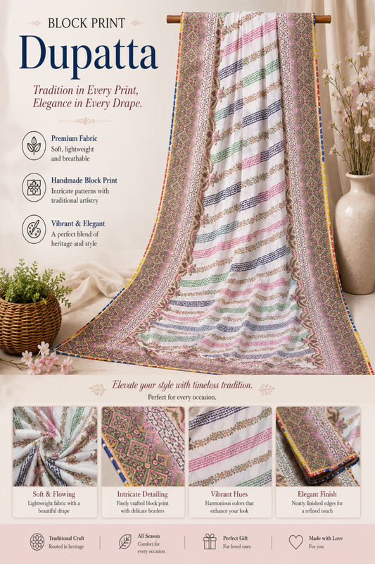 Premium Handmade Block Print Dupatta featuring Multicolor Stripes, Floral Motifs, and Traditional Ethnic Borders – Elegant Women's Designer Dupatta by Zariyat by Sumera