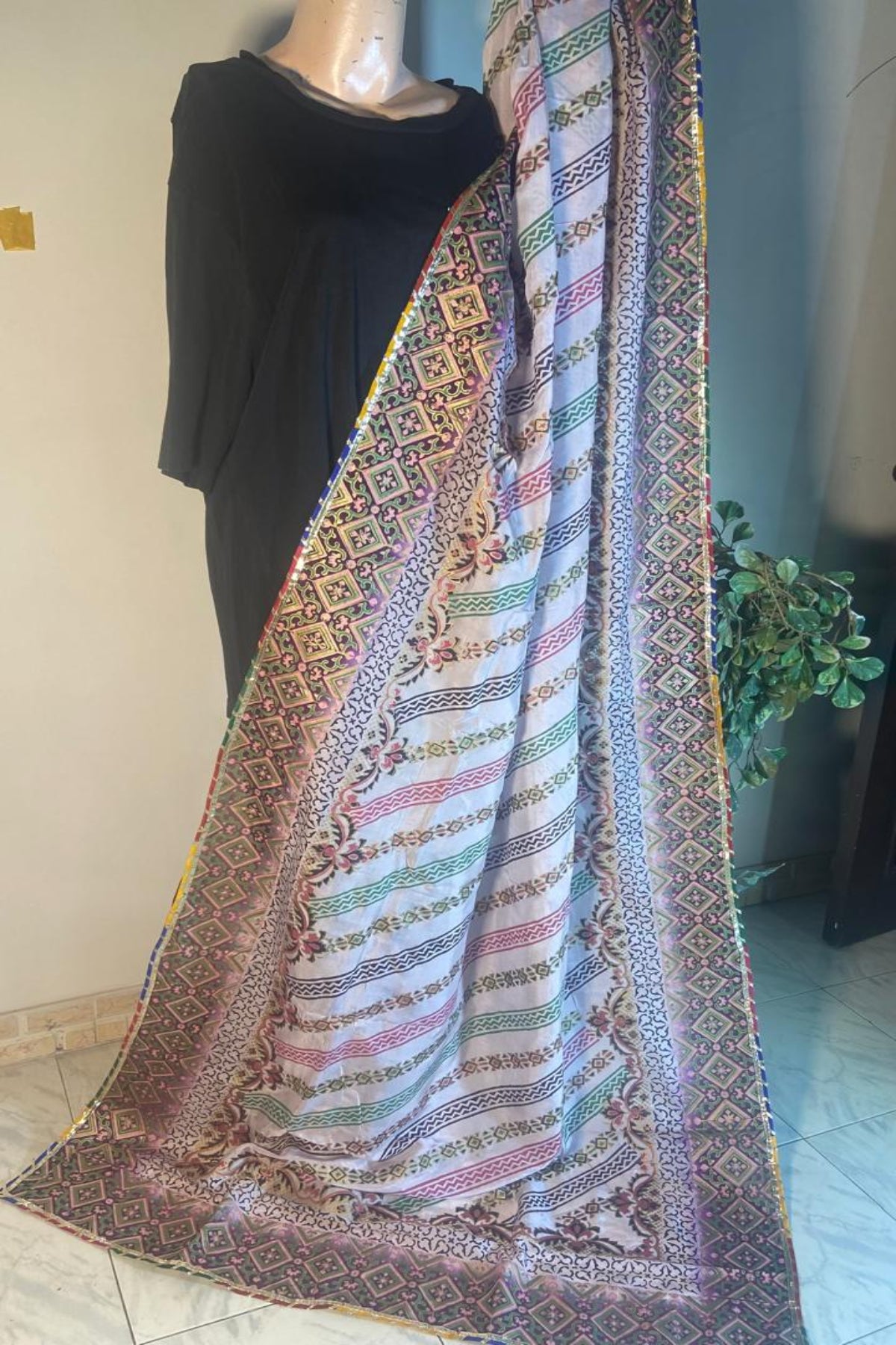 Premium Handmade Block Print Dupatta with Pastel Multicolor Stripes, Floral Motifs, and Traditional Ethnic Border – Elegant Women's Designer Dupatta by Zariyat by Sumera