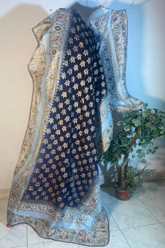 Premium fine medium silk navy blue dupatta with gold block print and four-sided golden massuri border.