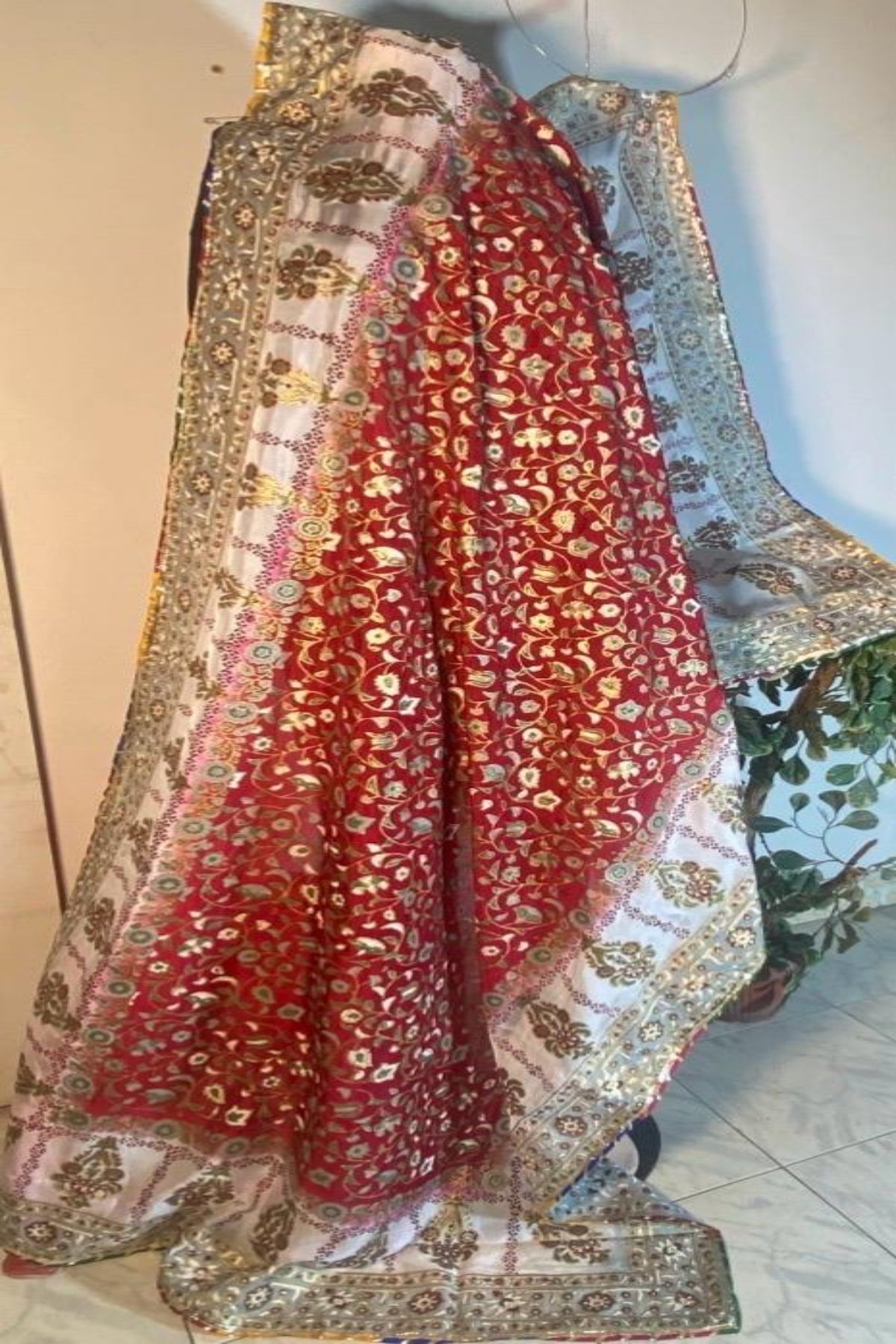 Elegant red and white fine medium silk dupatta with golden massuri border and traditional block print