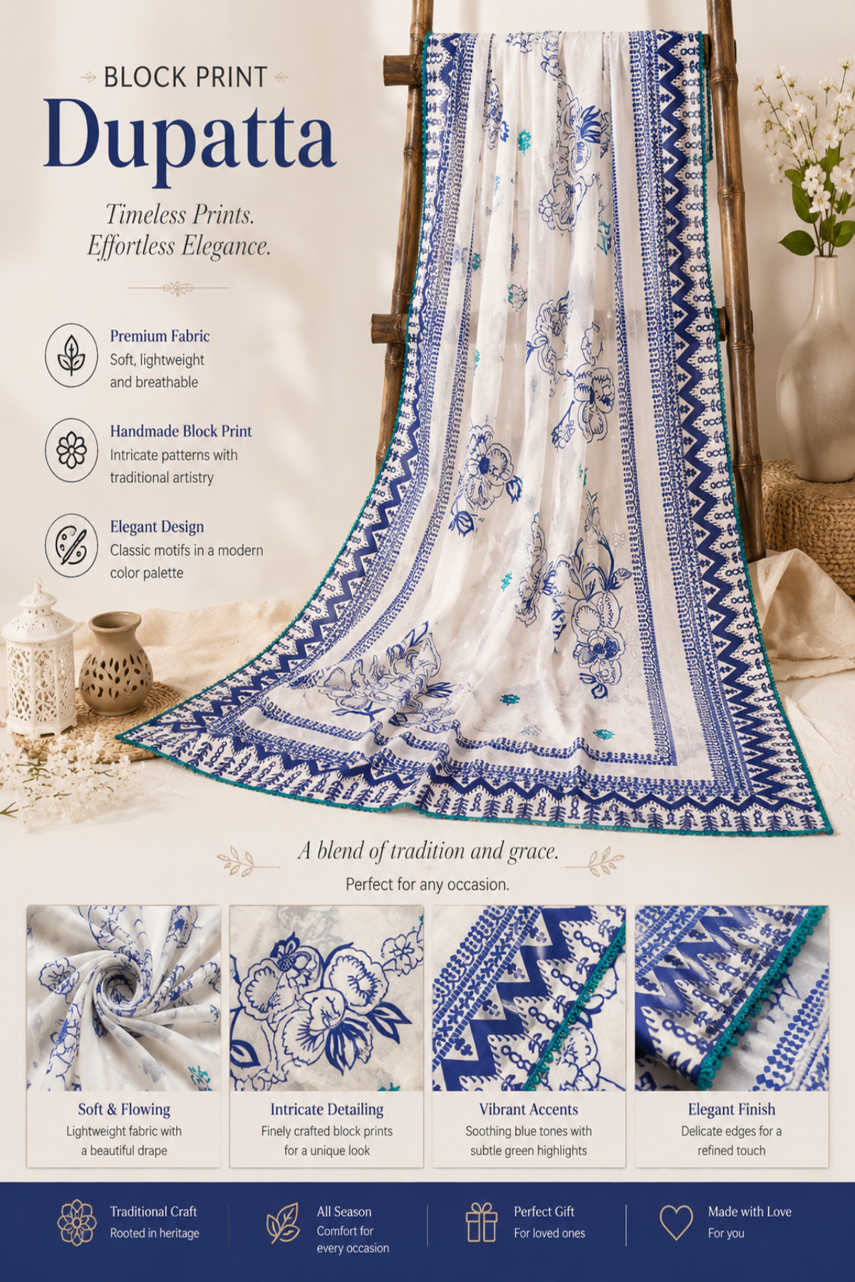 Premium Handmade White & Blue Block Print Dupatta featuring Elegant Floral Motifs, Traditional Ethnic Borders, and Lightweight Fabric – Designer Women's Dupatta by Zariyat by Sumera