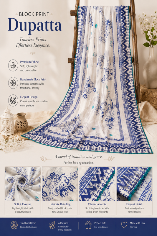 Premium Handmade White & Blue Block Print Dupatta featuring Elegant Floral Motifs, Traditional Ethnic Borders, and Lightweight Fabric – Designer Women's Dupatta by Zariyat by Sumera