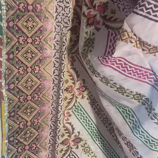 Traditional Handmade Block Print Dupatta with pastel striped pattern, floral detailing, and decorative ethnic borders displayed in a product showcase video.