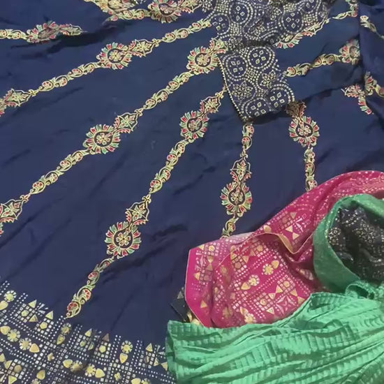 Premium royal blue raw silk stitched 2-piece block print kalidar frock and multi-shaded dupatta set with golden zari borders.