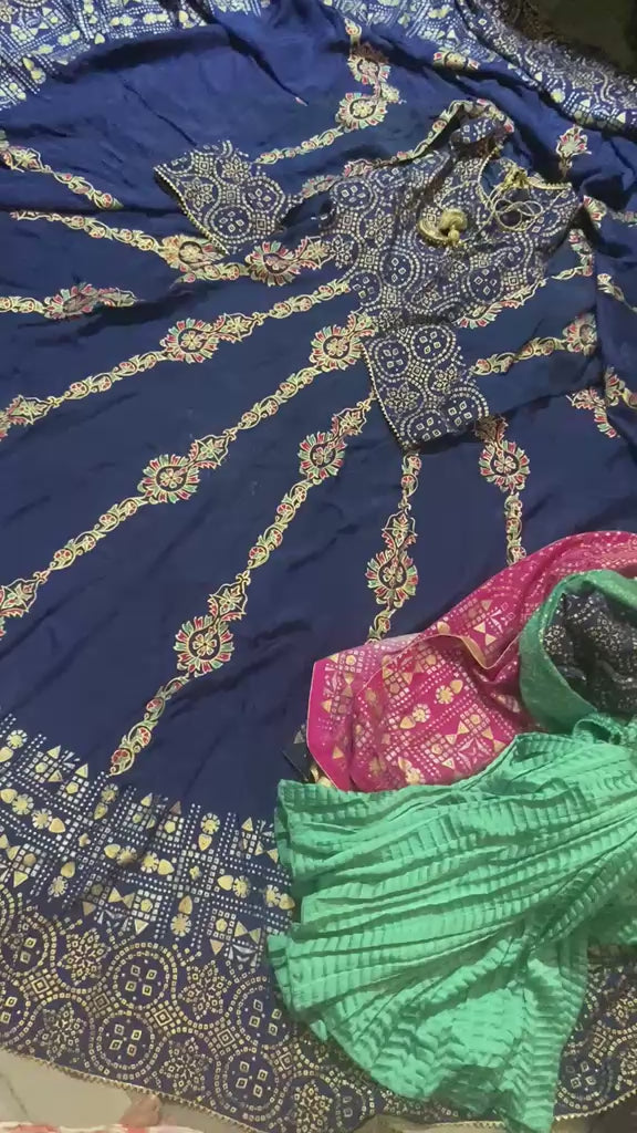 Premium royal blue raw silk stitched 2-piece block print kalidar frock and multi-shaded dupatta set with golden zari borders.