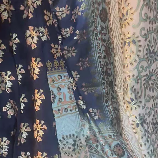 Elegant navy blue and gold festive dupatta on fine silk fabric, 2.75 yards length
