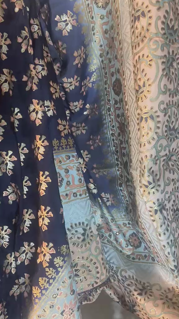 Elegant navy blue and gold festive dupatta on fine silk fabric, 2.75 yards length