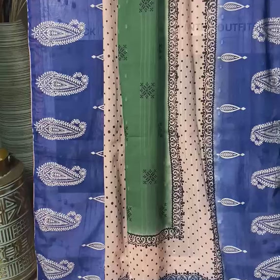 Close-up video showcase of the 3-tone dooria lawn dupatta featuring royal blue, green, and peach block-printed panels by Zariyat by Sumera.