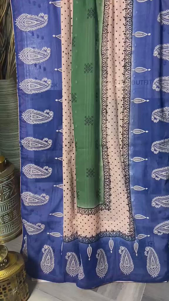 Close-up video showcase of the 3-tone dooria lawn dupatta featuring royal blue, green, and peach block-printed panels by Zariyat by Sumera.