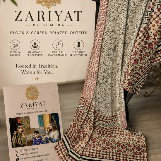 Close-up of Handmade Block Print Dooria Lawn Dupatta by Zariyat by Sumera showing intricate floral and geometric patterns