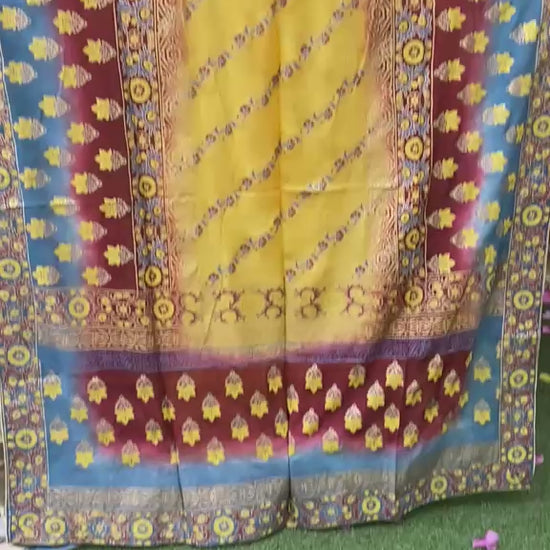 Full layout of 2.75 yards yellow silk dupatta with vibrant block print motifs and four-sided golden massuri trim.