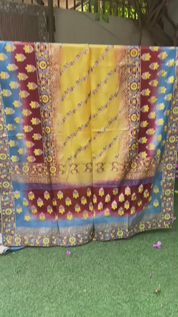 Full layout of 2.75 yards yellow silk dupatta with vibrant block print motifs and four-sided golden massuri trim.