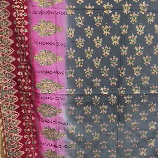 Full layout of 2.75 yards shaded silk dupatta with intricate block printing and four-sided golden massuri trim.