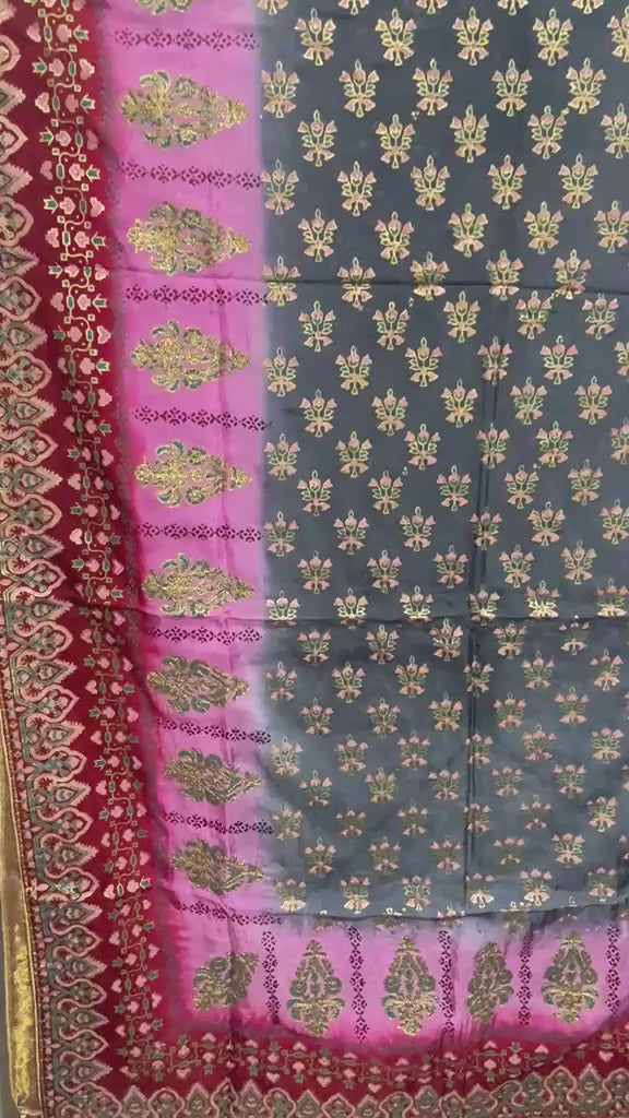Full layout of 2.75 yards shaded silk dupatta with intricate block printing and four-sided golden massuri trim.