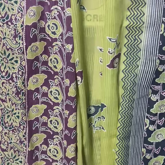 Full drape view of handmade block print Dooria Lawn dupatta by Zariyat by Sumera with olive green, plum, and navy floral border design.