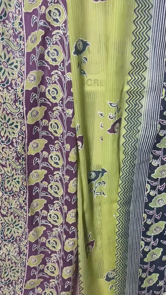 Full drape view of handmade block print Dooria Lawn dupatta by Zariyat by Sumera with olive green, plum, and navy floral border design.
