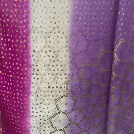 Full layout of 2.75 yards shaded silk dupatta with intricate block printing and four-sided golden massuri trim.