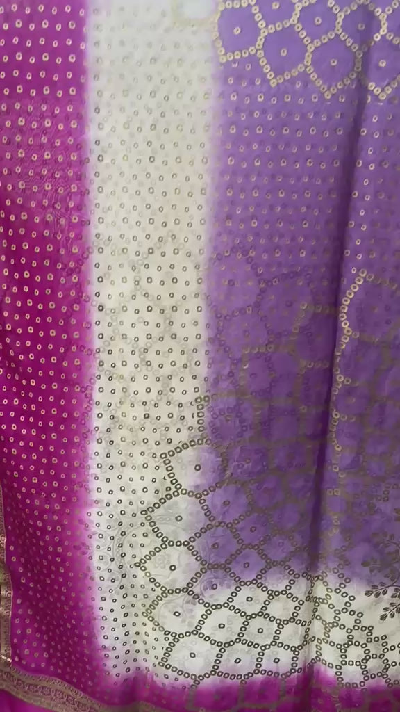 Full layout of 2.75 yards shaded silk dupatta with intricate block printing and four-sided golden massuri trim.