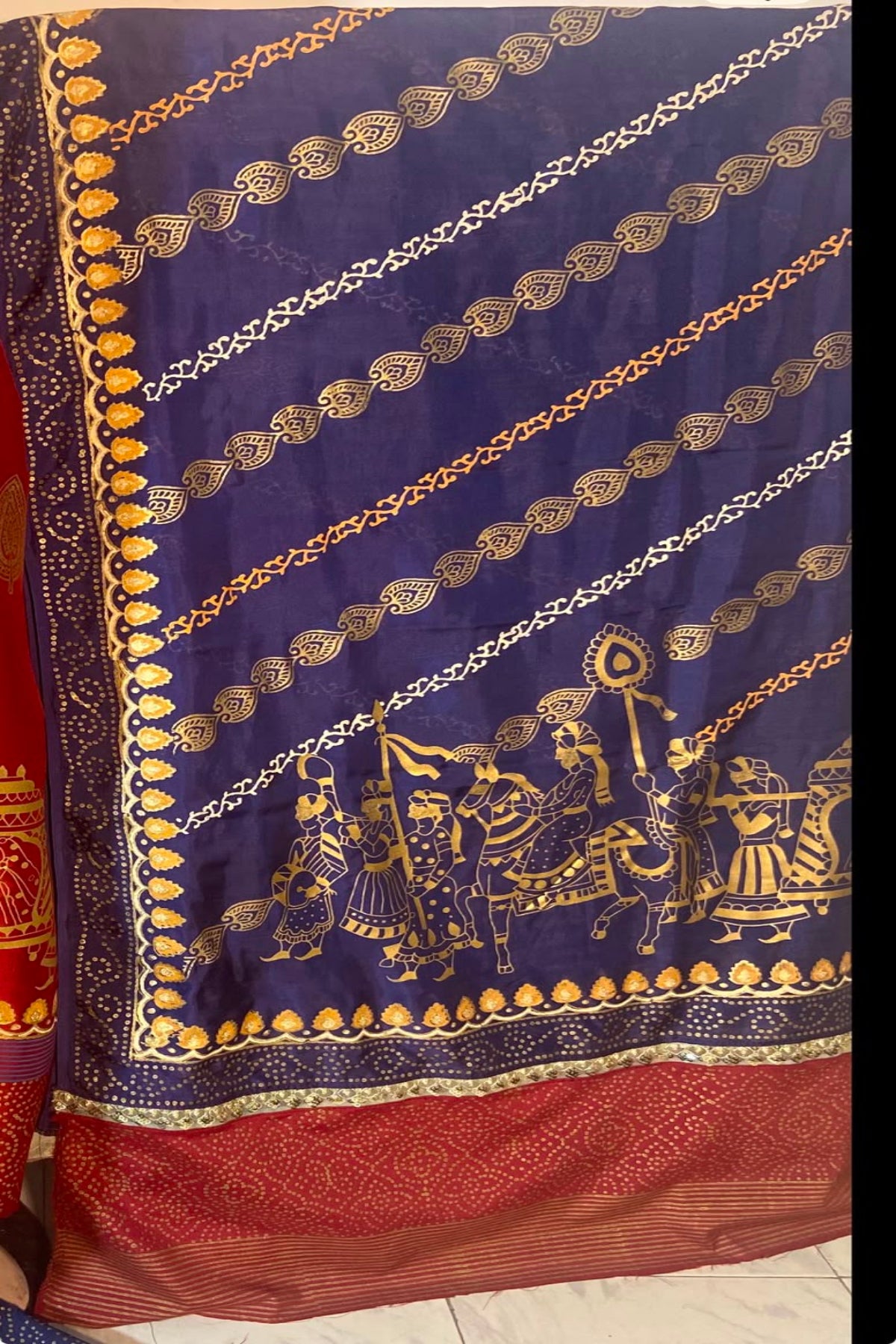 Royal blue and maroon fine medium silk block print dupatta with traditional motifs and golden massuri border.