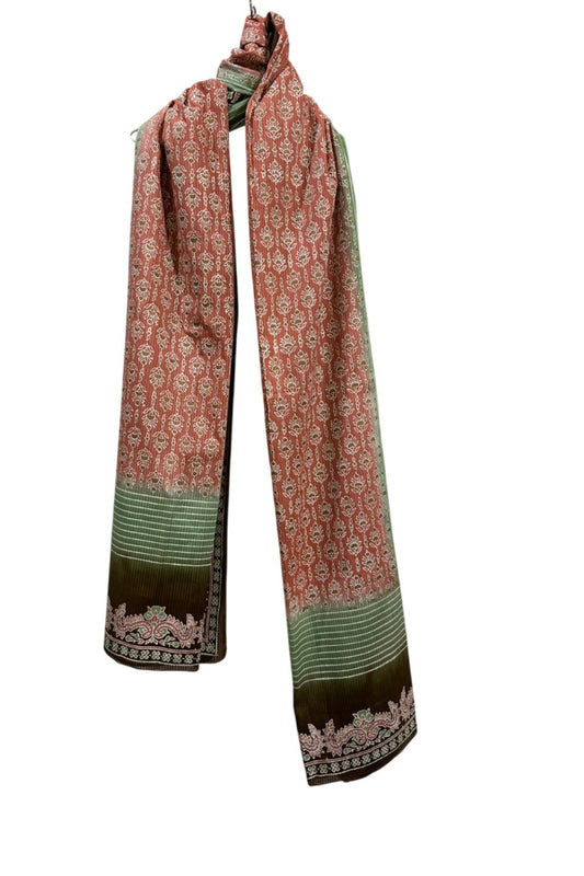 Rust Brown Dooria Lawn Block Print Dupatta with Green Border by Zariyat by Sumera