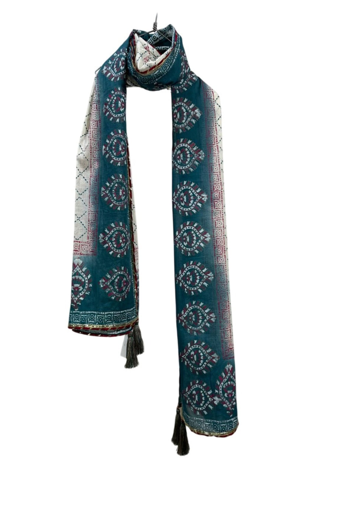 Teal Blue Dooria Lawn Block Print Dupatta with Traditional Motifs and Tassels by Zariyat by Sumera
