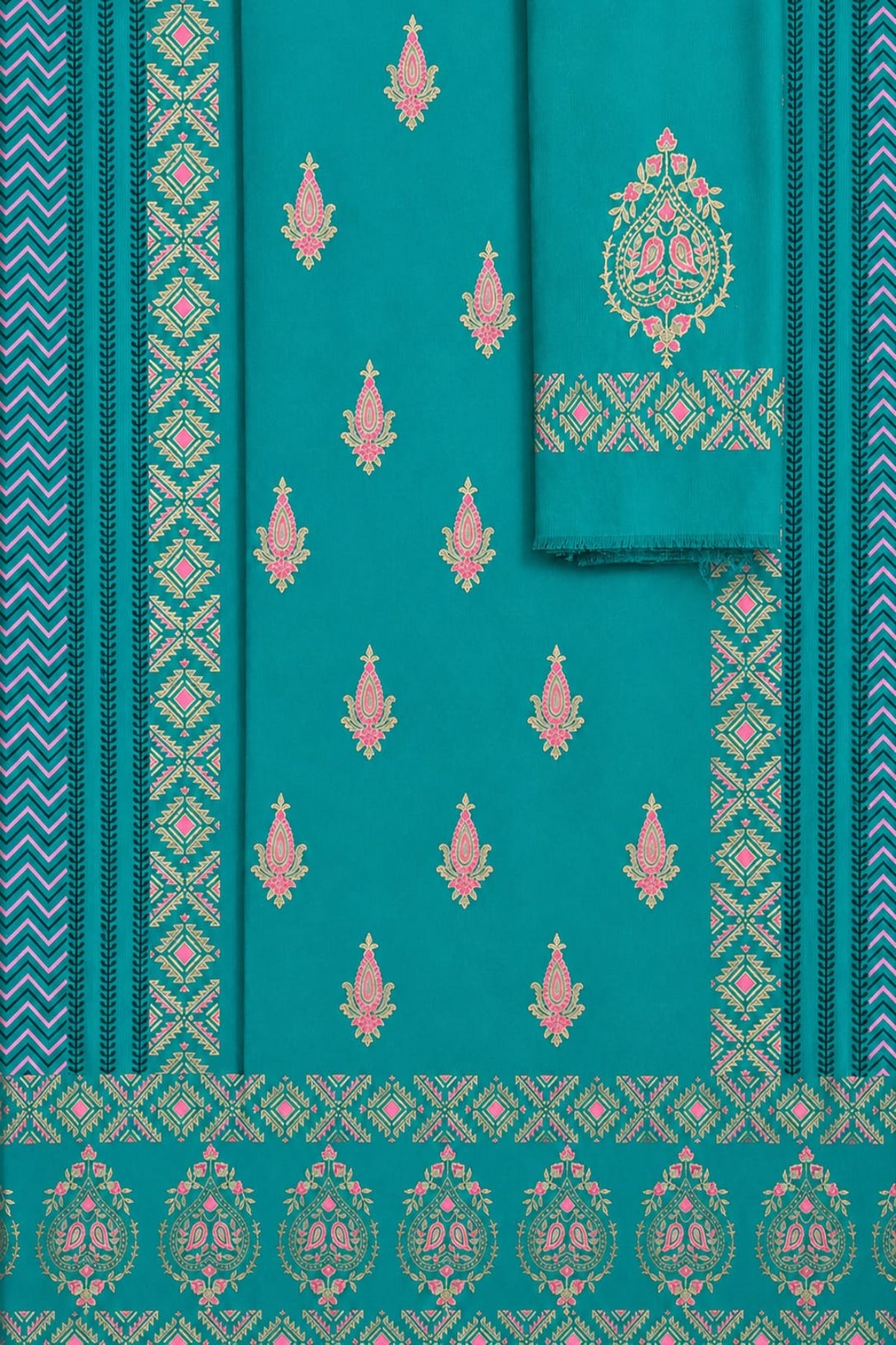 Flat lay of a teal colored lawn fabric suit with pink and gold traditional embroidery patterns by Zariyat by Sumera