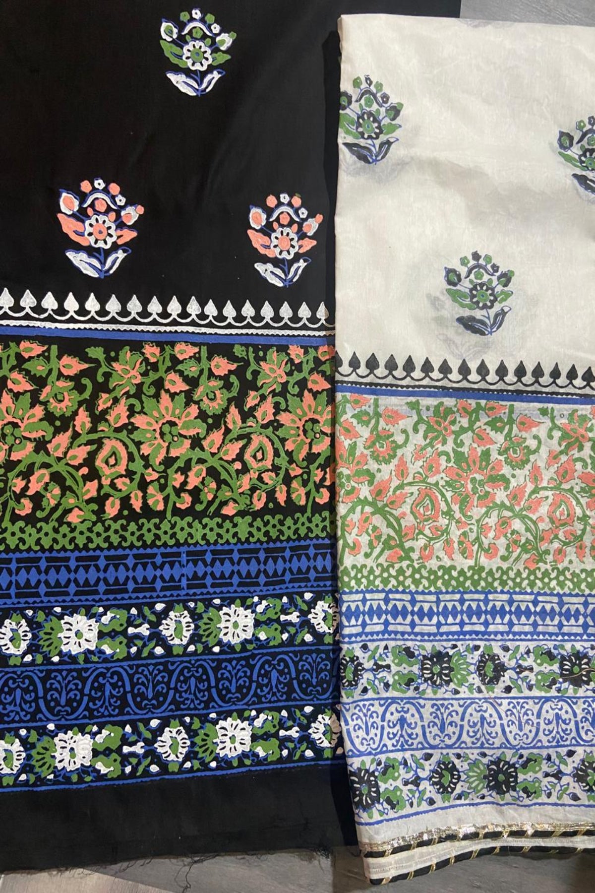 Detailed look at the border and pattern of the 2-piece block print ethnic suit