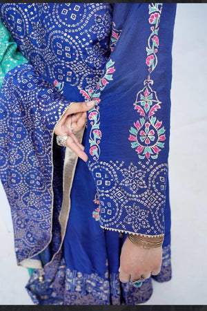 Close-up of the embroidered and block-printed sleeves on the premium raw silk kalidar frock.