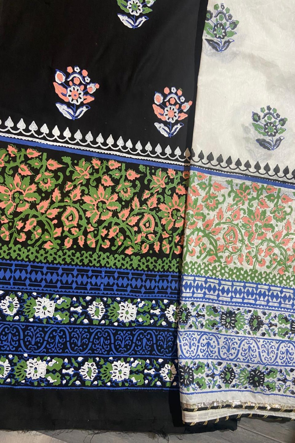 Close-up view of unstitched fabric showing intricate traditional floral and geometric block print designs.